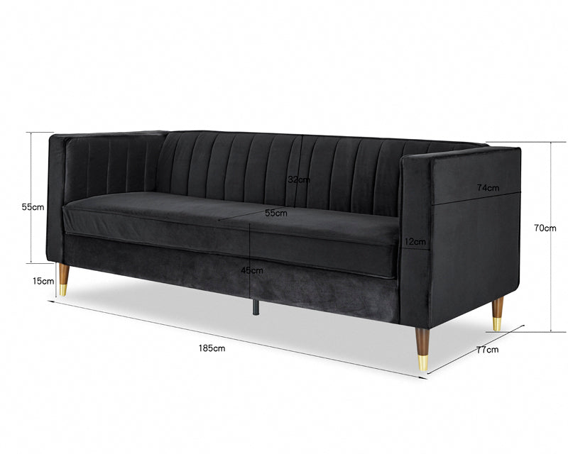 Thomas Velvet Fabric 3 Seater Sofa, Black Velvet