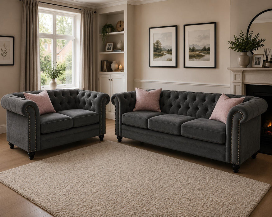 Chesterfield Velvet Fabric 3 Seater Sofa, Grey