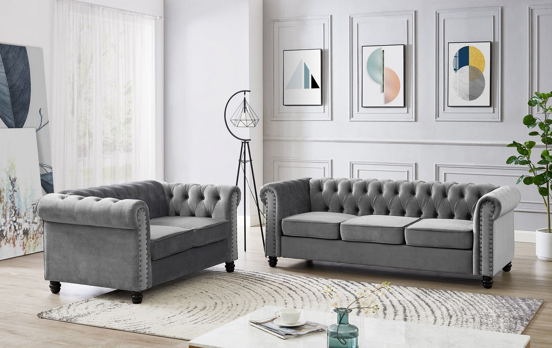 Chesterfield Velvet Fabric 2 Seater Sofa, Grey