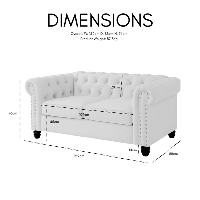Chesterfield Velvet Fabric 2 Seater Sofa, Cream Velvet