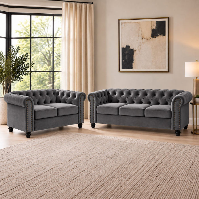 Chesterfield Velvet Fabric 2+3 Seater Sofa Set, Grey