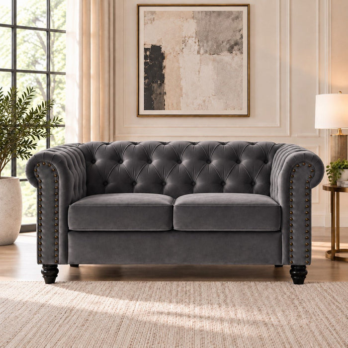 Chesterfield Velvet Fabric 2+3 Seater Sofa Set, Grey