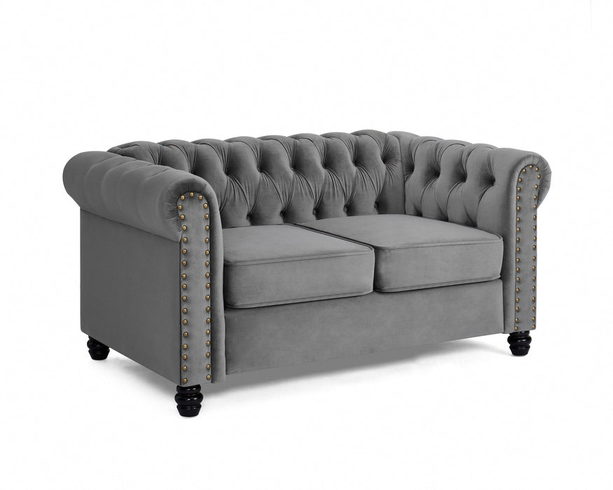 Chesterfield Velvet Fabric 2 Seater Sofa, Grey Velvet