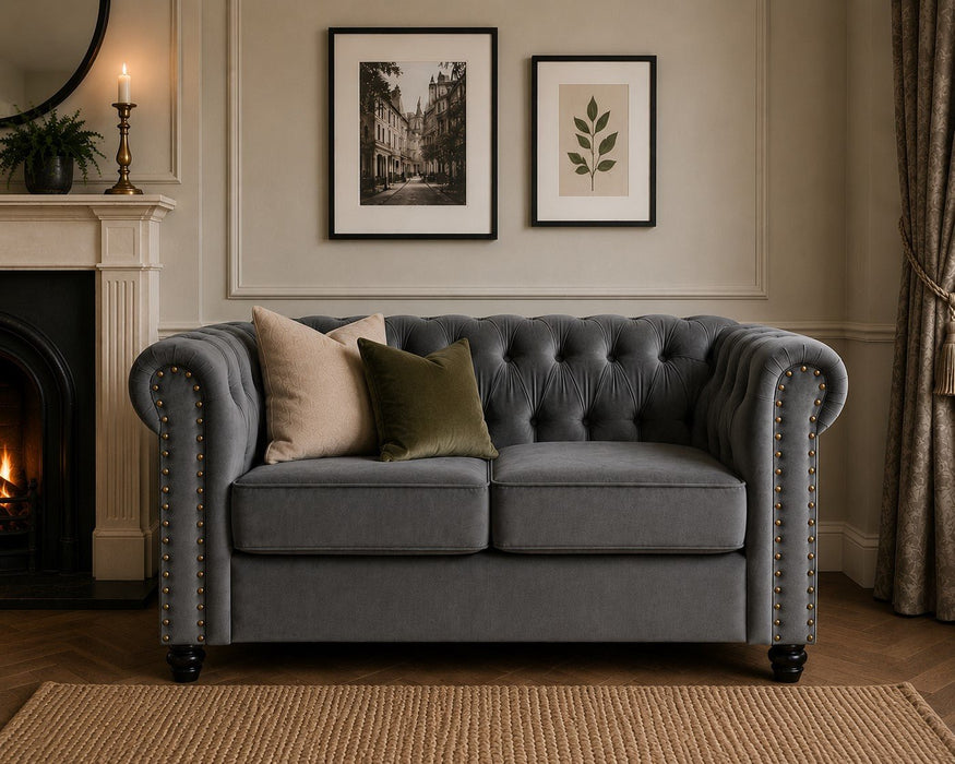 Chesterfield Velvet Fabric 2+3 Seater Sofa Set, Grey
