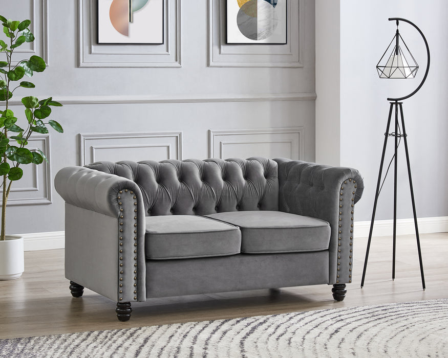 Chesterfield Velvet Fabric 2 Seater Sofa, Grey Velvet