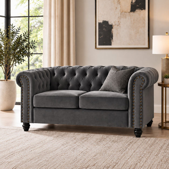 Chesterfield Velvet Fabric 2 Seater Sofa, Grey Velvet