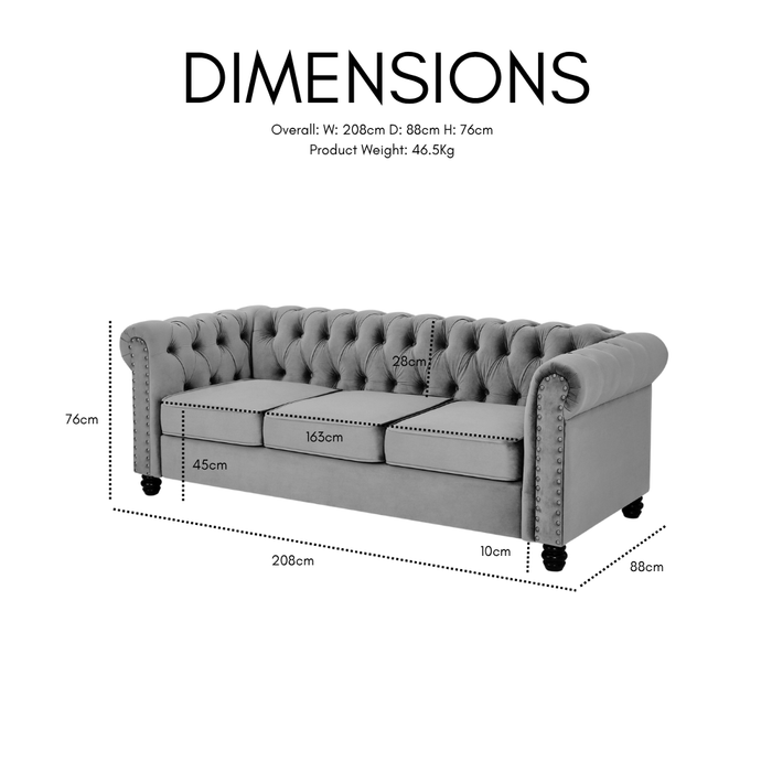 Chesterfield Velvet Fabric 3 Seater Sofa, Grey