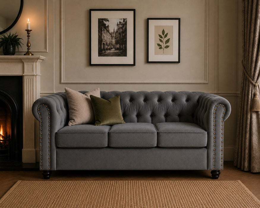 Chesterfield Velvet Fabric 3 Seater Sofa, Grey