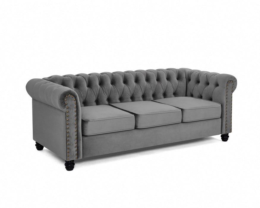 Chesterfield Velvet Fabric 3 Seater Sofa, Grey