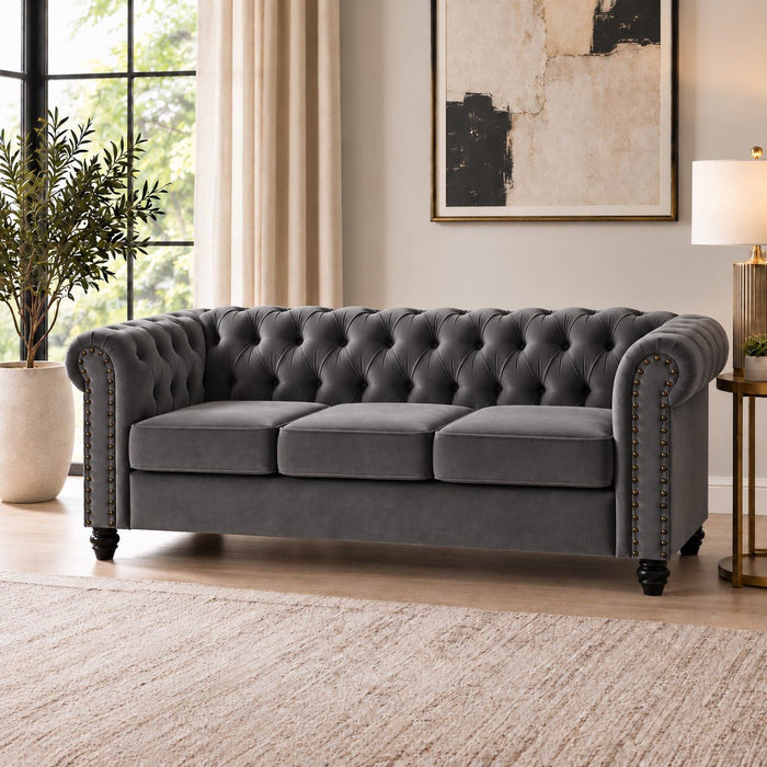 Chesterfield Velvet Fabric 3 Seater Sofa, Grey