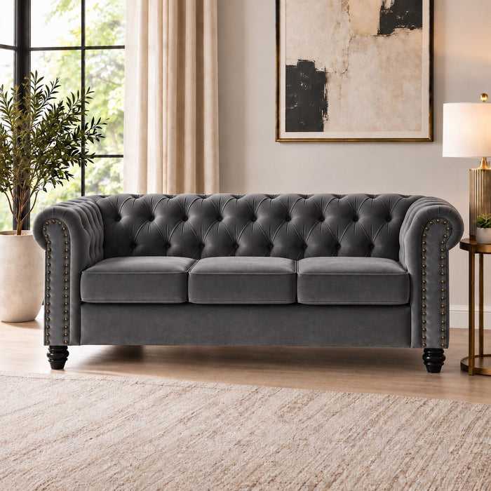 Chesterfield Velvet Fabric 3 Seater Sofa, Grey
