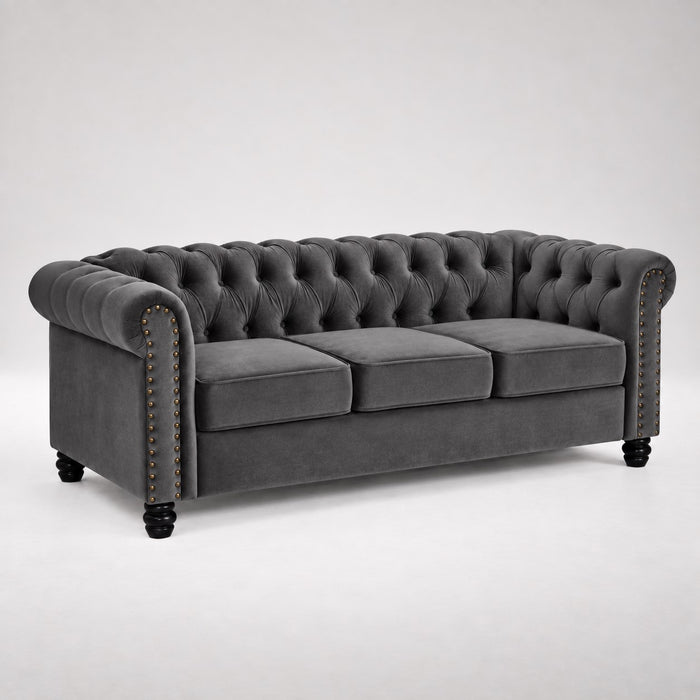 Chesterfield Velvet Fabric 3 Seater Sofa, Grey