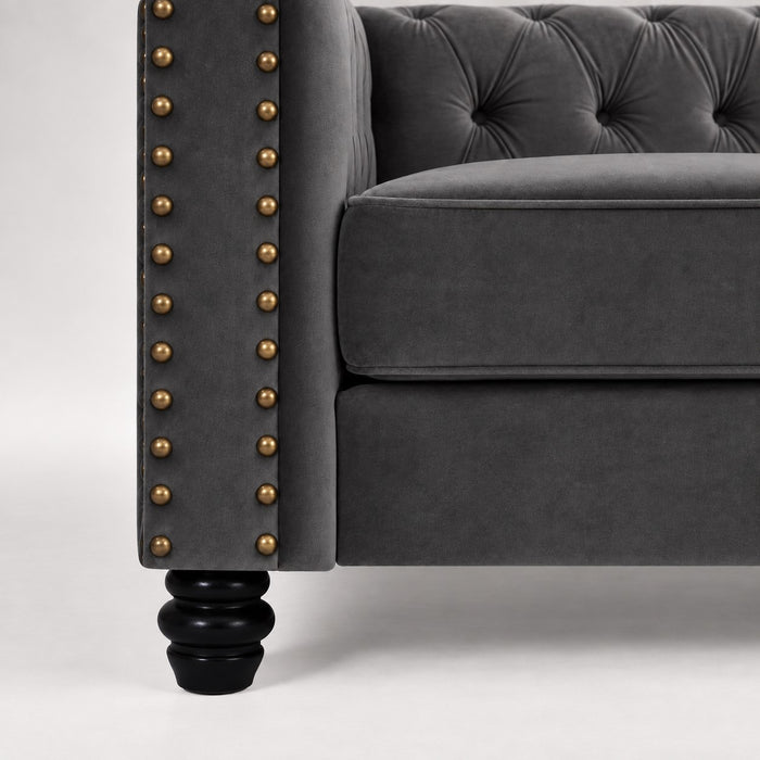 Chesterfield Velvet Fabric 3 Seater Sofa, Grey