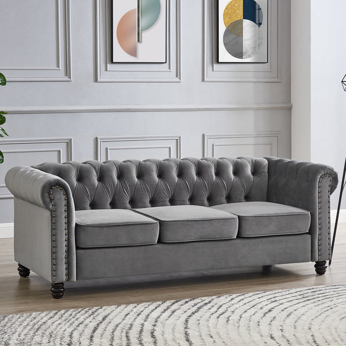 Chesterfield Grey Velvet Seater Sofa Studded Arms Bun Feet