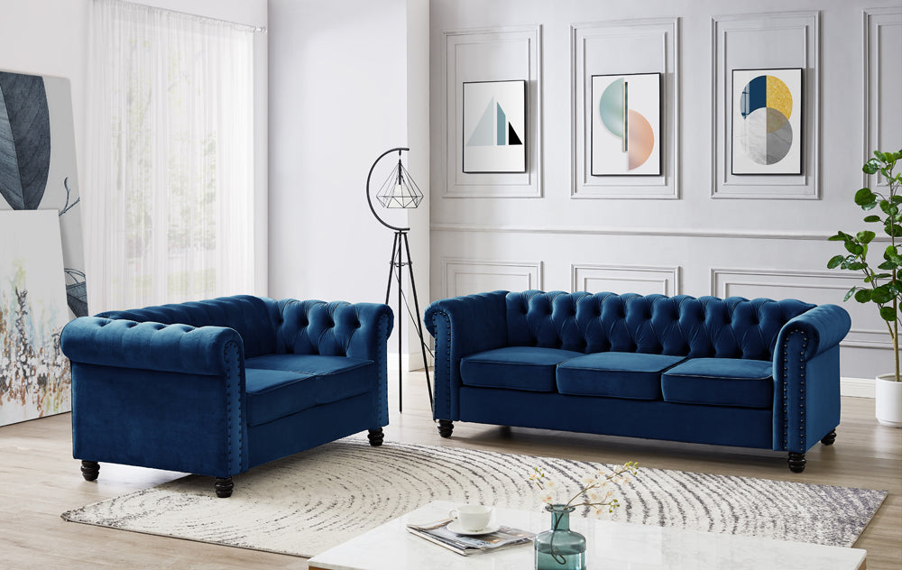 Chesterfield Velvet Fabric 2 Seater Sofa, Blue