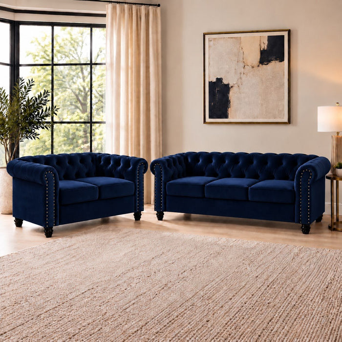 Chesterfield Velvet Fabric 2+3 Seater Sofa Set, Blue Velvet