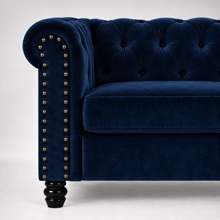 Chesterfield Velvet Fabric 2 Seater Sofa, Blue