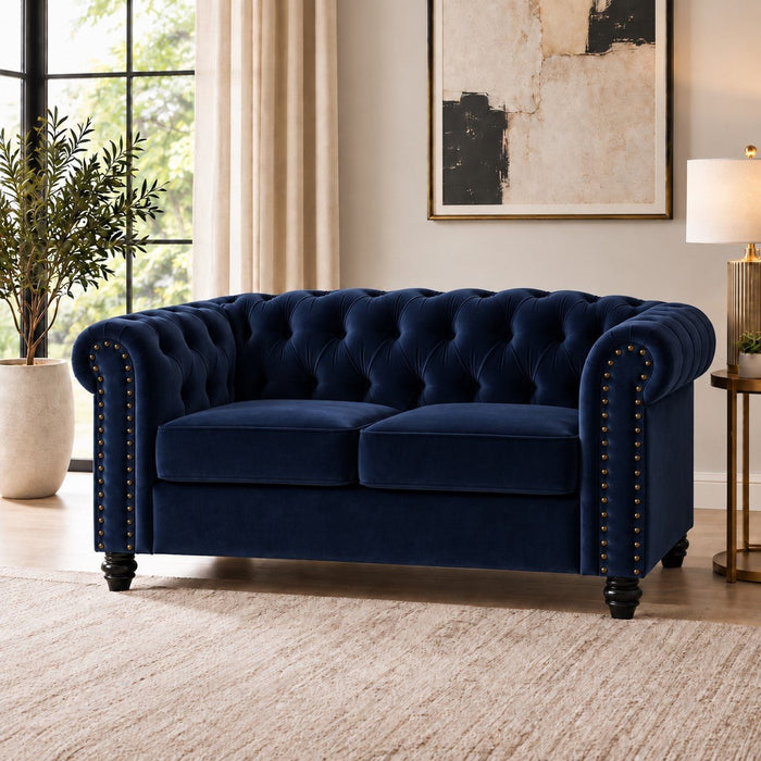 Chesterfield Velvet Fabric 2 Seater Sofa, Blue