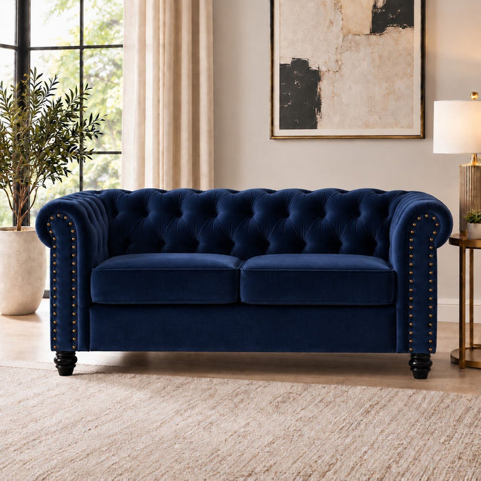 Chesterfield Velvet Fabric 2+3 Seater Sofa Set, Blue Velvet