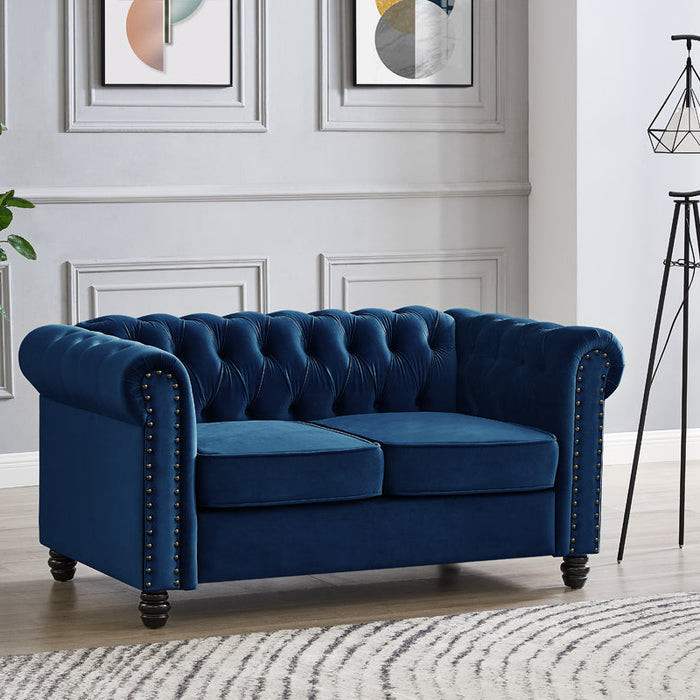 Chesterfield Velvet Fabric 2 Seater Sofa, Blue