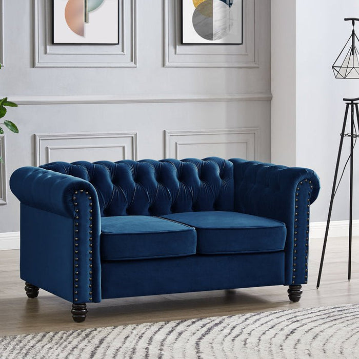 Chesterfield Velvet Fabric Seater Sofa Blue Velvet Home Detail