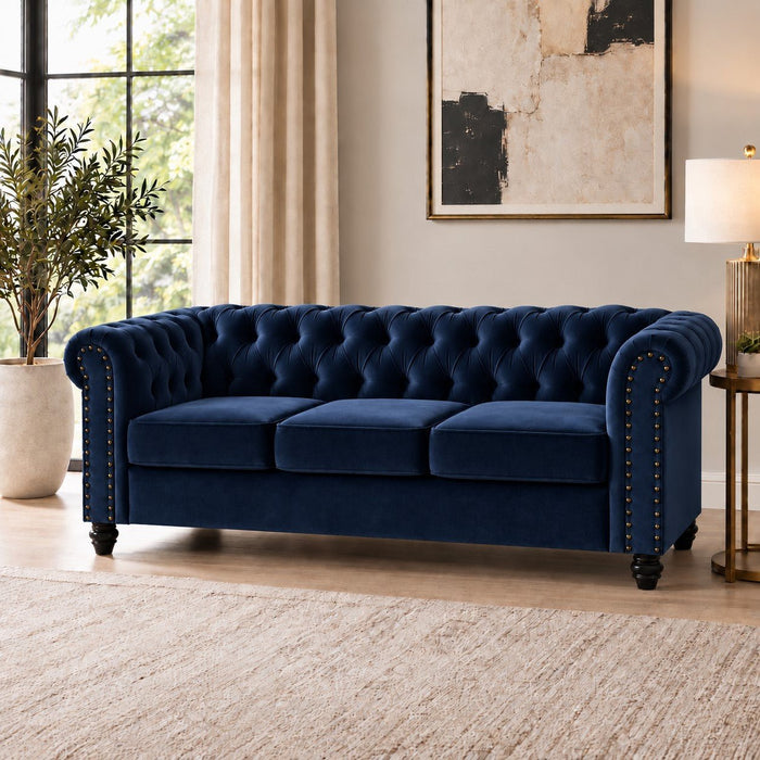 Chesterfield Velvet Fabric 3 Seater Sofa, Blue Velvet