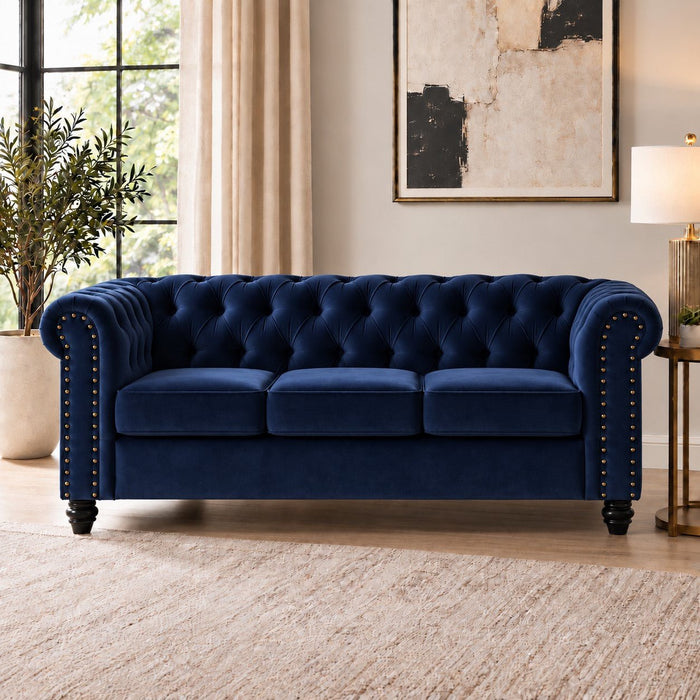 Chesterfield Velvet Fabric 3 Seater Sofa, Blue Velvet