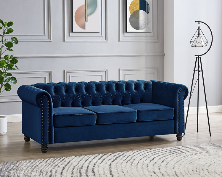 Chesterfield 3 Seater Sofa in Blue Velvet | Home Detail UK