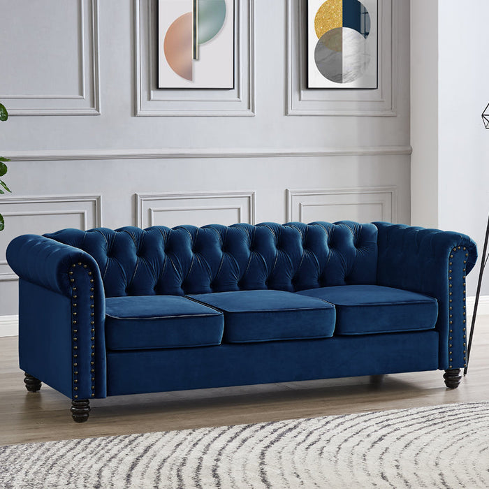 Chesterfield Velvet Fabric 3 Seater Sofa, Blue