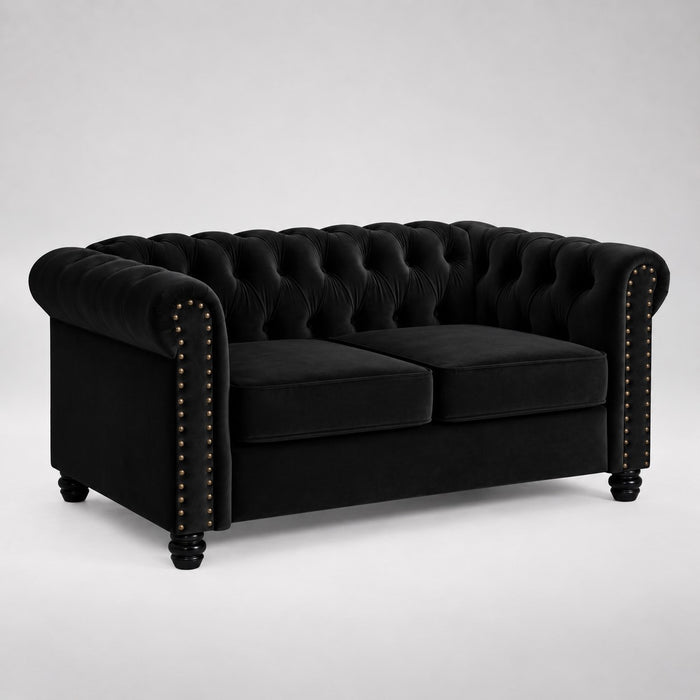 Chesterfield Velvet Fabric 2+3 Seater Sofa Set, Black Velvet