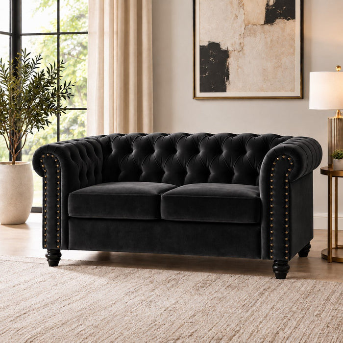 Chesterfield Velvet Fabric 2 Seater Sofa, Black Velvet