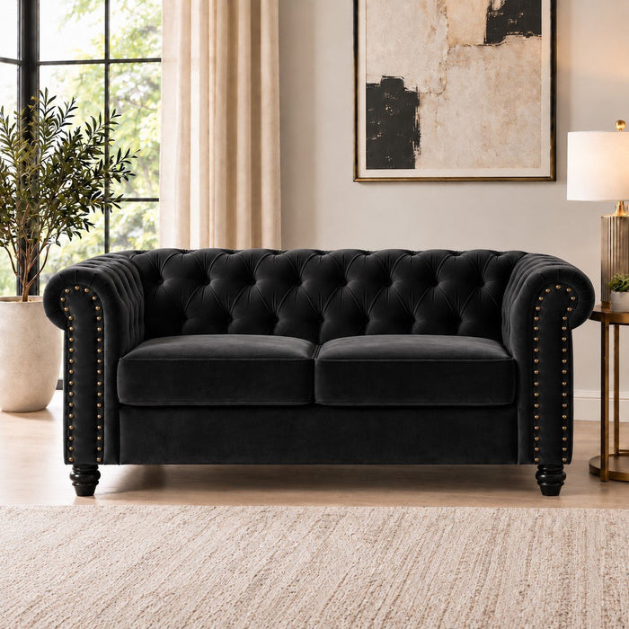 Chesterfield Velvet Fabric 2+3 Seater Sofa Set, Black Velvet