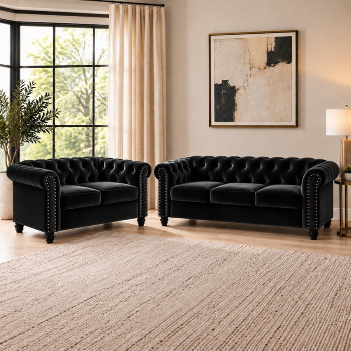 Chesterfield Velvet Fabric 2+3 Seater Sofa Set, Black Velvet