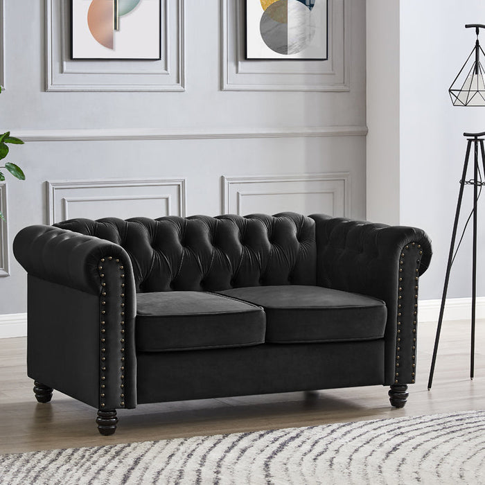 Chesterfield Velvet Fabric 2 Seater Sofa, Black