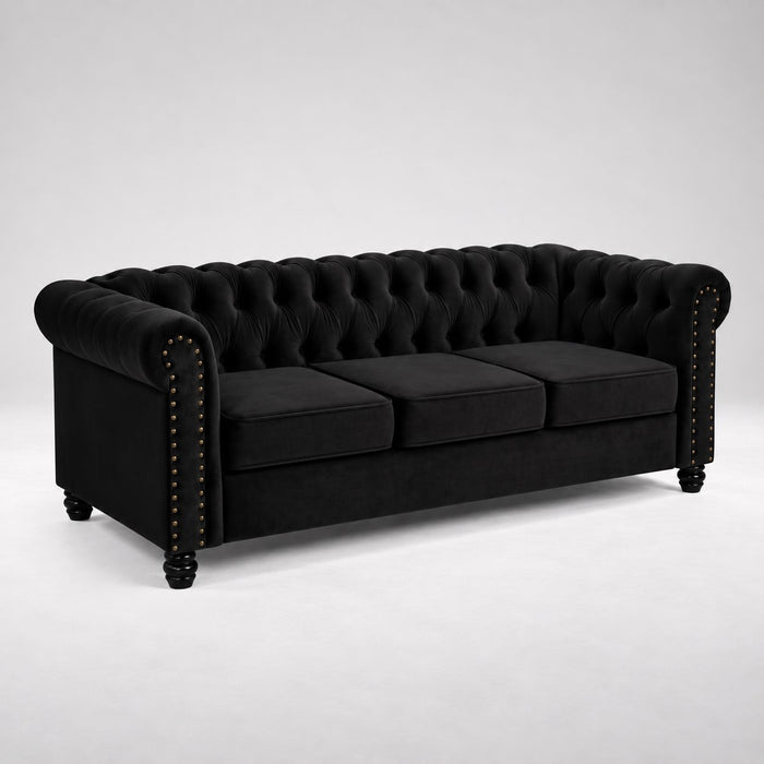 Chesterfield Velvet Fabric 2+3 Seater Sofa Set, Black Velvet