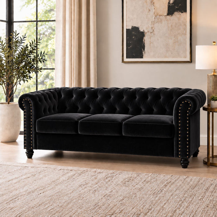 Chesterfield Velvet Fabric 3 Seater Sofa, Black Velvet