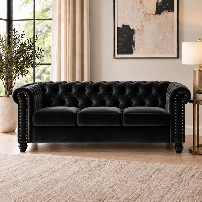 Chesterfield Velvet Fabric 2+3 Seater Sofa Set, Black Velvet