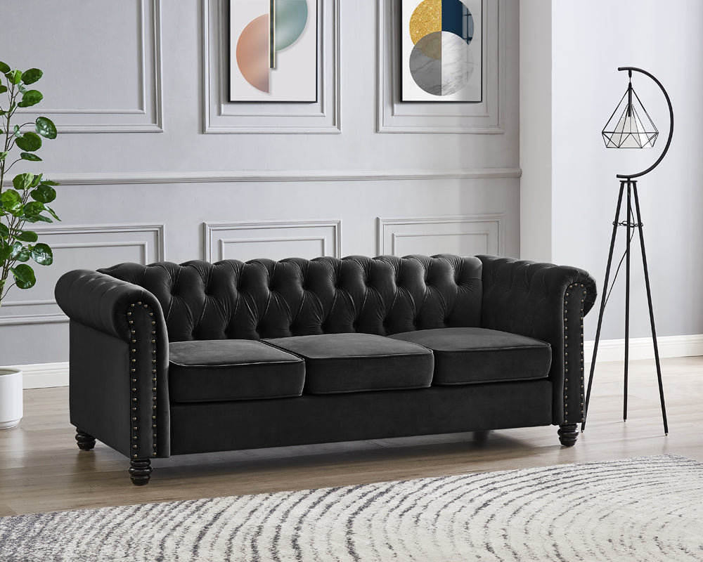 Chesterfield 3 Seater Sofa - Black Velvet | Home Detail UK