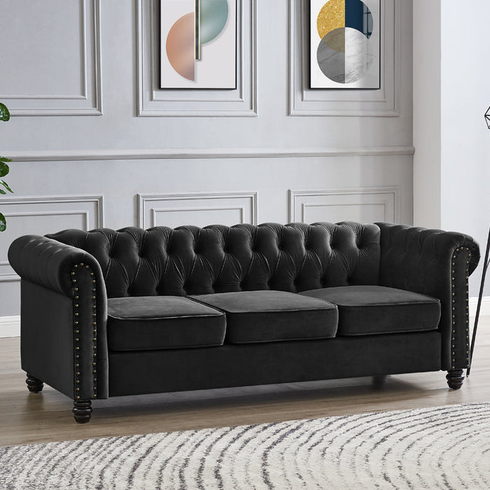 Chesterfield Velvet Fabric 3 Seater Sofa, Black