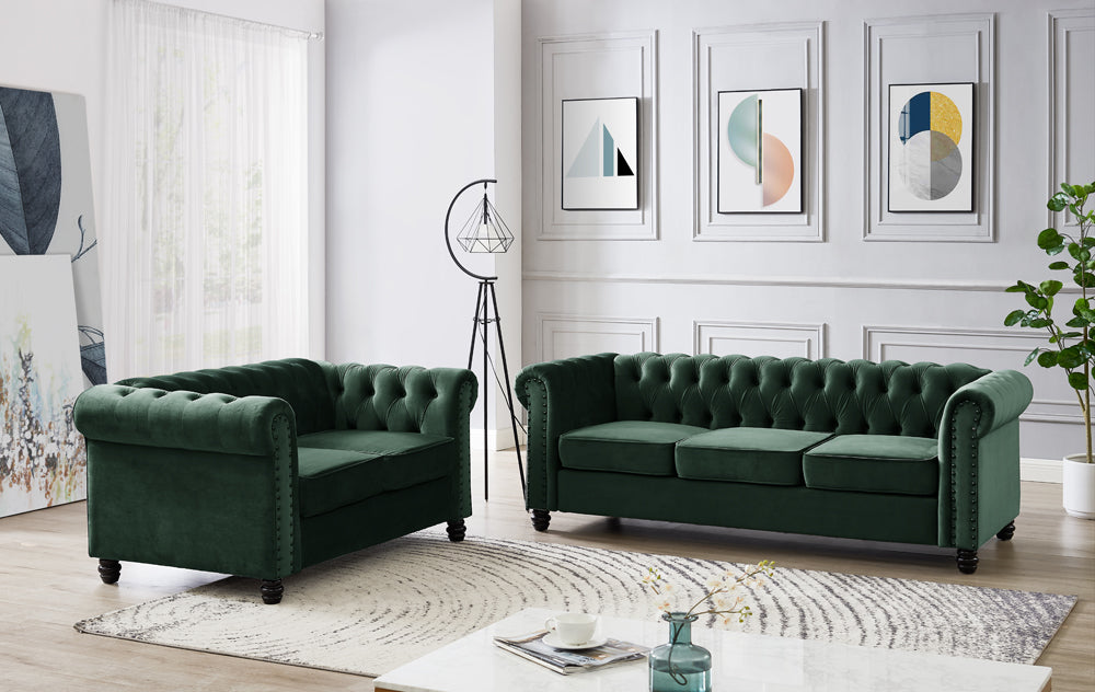 Chesterfield Velvet Fabric 2+3 Seater Sofa Set, Green Velvet