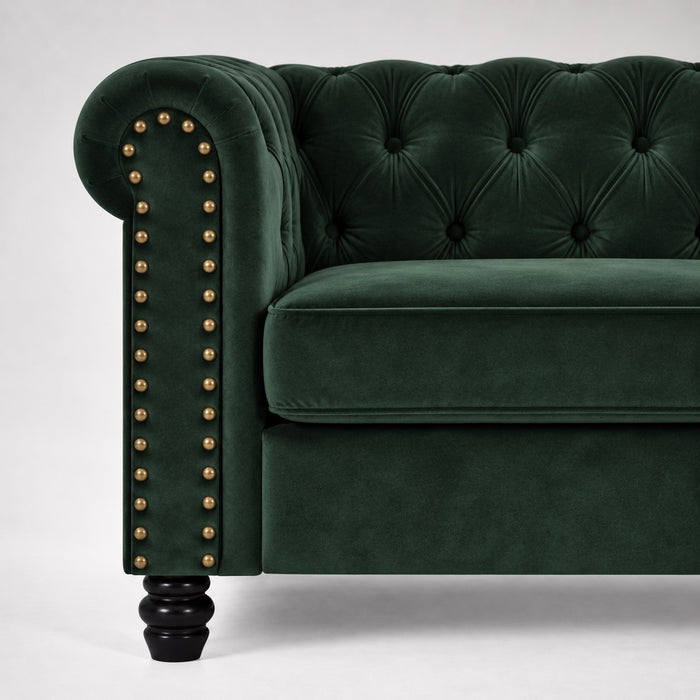 Chesterfield Velvet Fabric 3 Seater Sofa, Green
