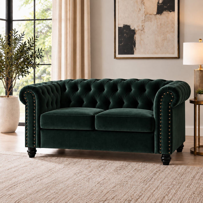 Chesterfield Velvet Fabric 2 Seater Sofa, Green