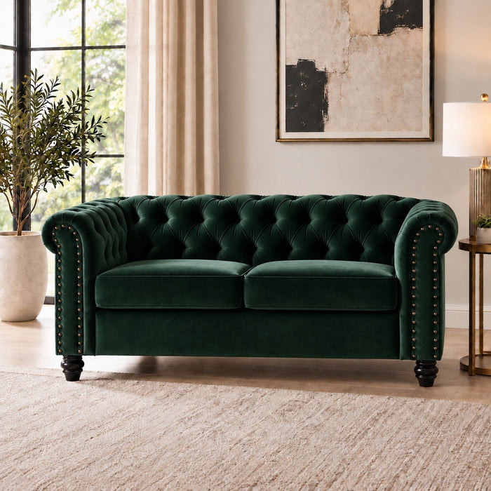 Chesterfield Velvet Fabric 2 Seater Sofa, Green