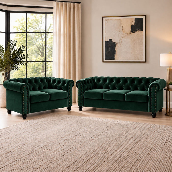 Chesterfield Velvet Fabric 2+3 Seater Sofa Set, Green Velvet