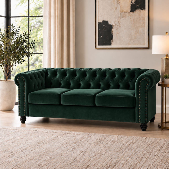 Chesterfield Velvet Fabric 3 Seater Sofa, Green