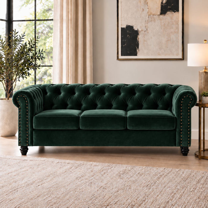 Chesterfield Velvet Fabric 3 Seater Sofa, Green