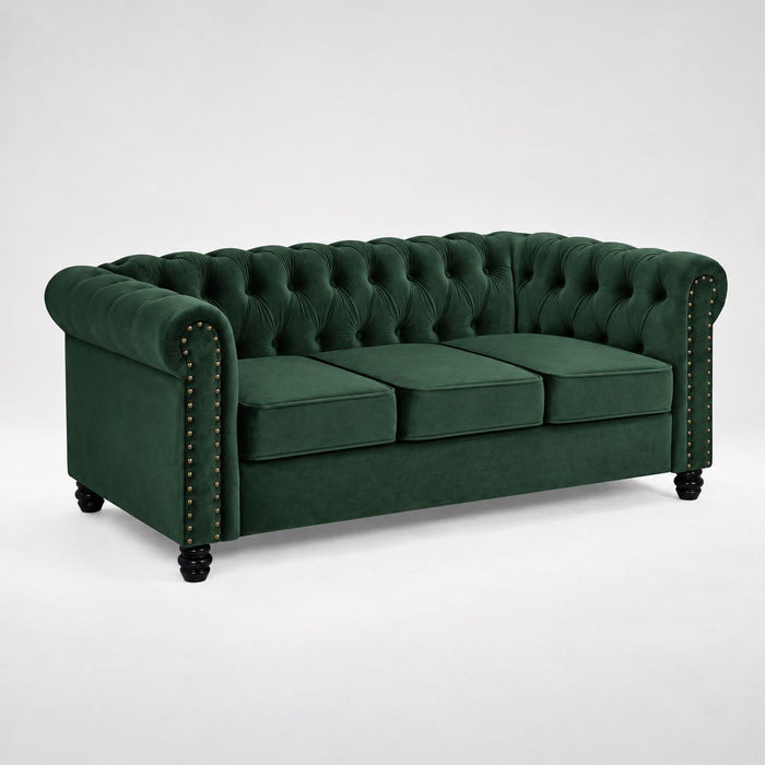 Chesterfield Velvet Fabric 3 Seater Sofa, Green