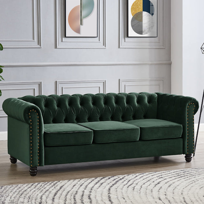 Chesterfield Velvet Fabric 3 Seater Sofa, Green