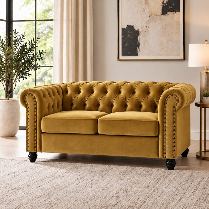 Chesterfield Velvet Fabric 2 Seater Sofa, Gold