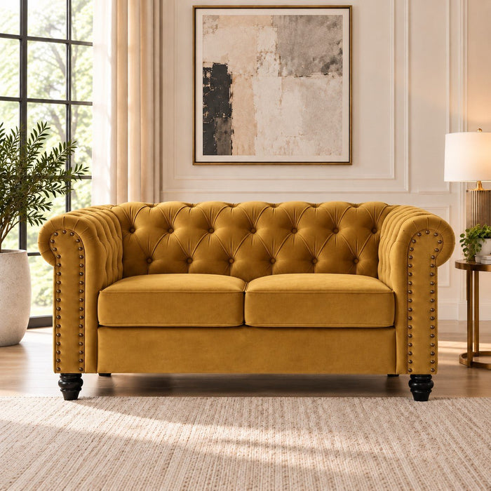 Chesterfield Velvet Fabric 2+3 Seater Sofa Set, Gold Velvet